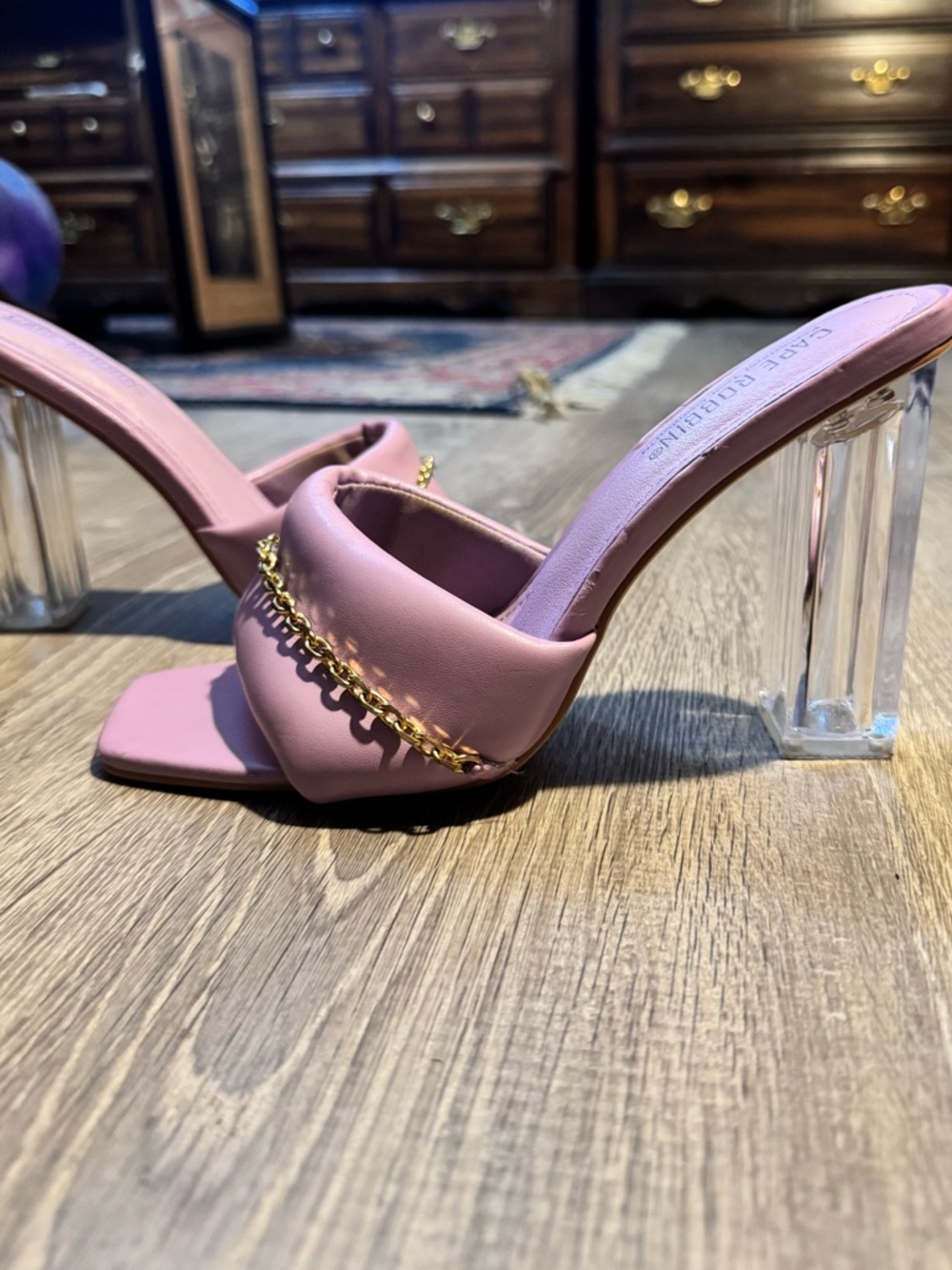 Cape Robbin, Lilac Chain-Trim Clear Heel Mule.